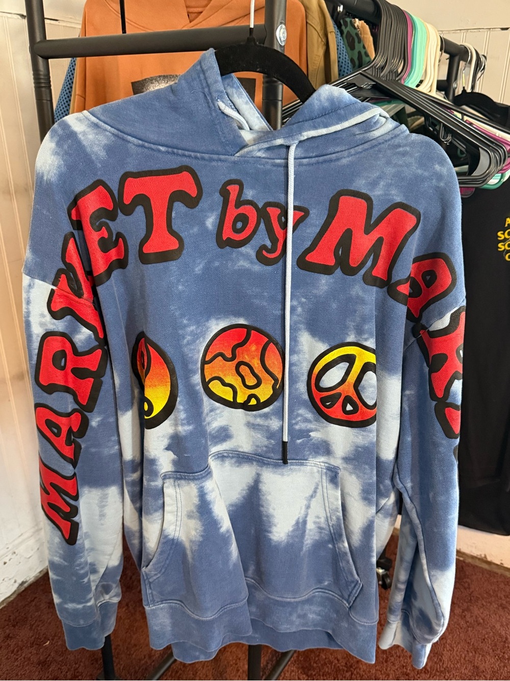 Blue Tie-Dye Chinatown Market Graphic Hoodie Sweatshirt with Red Lettering